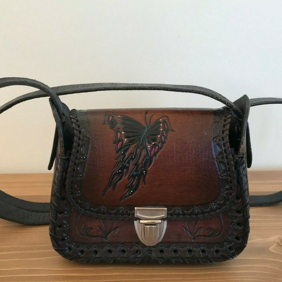 Hand Crafted Handbags - Handcrafted Tooled Leather Small Purse Butterfly Design Boho Hippy Festival Bag